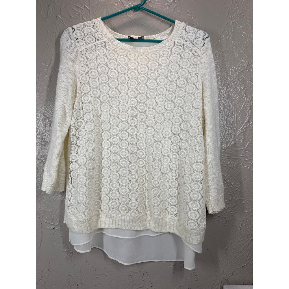 Lucky Brand Mixed Media Linen Chiffon Cream Layered Sweater Size Small‎